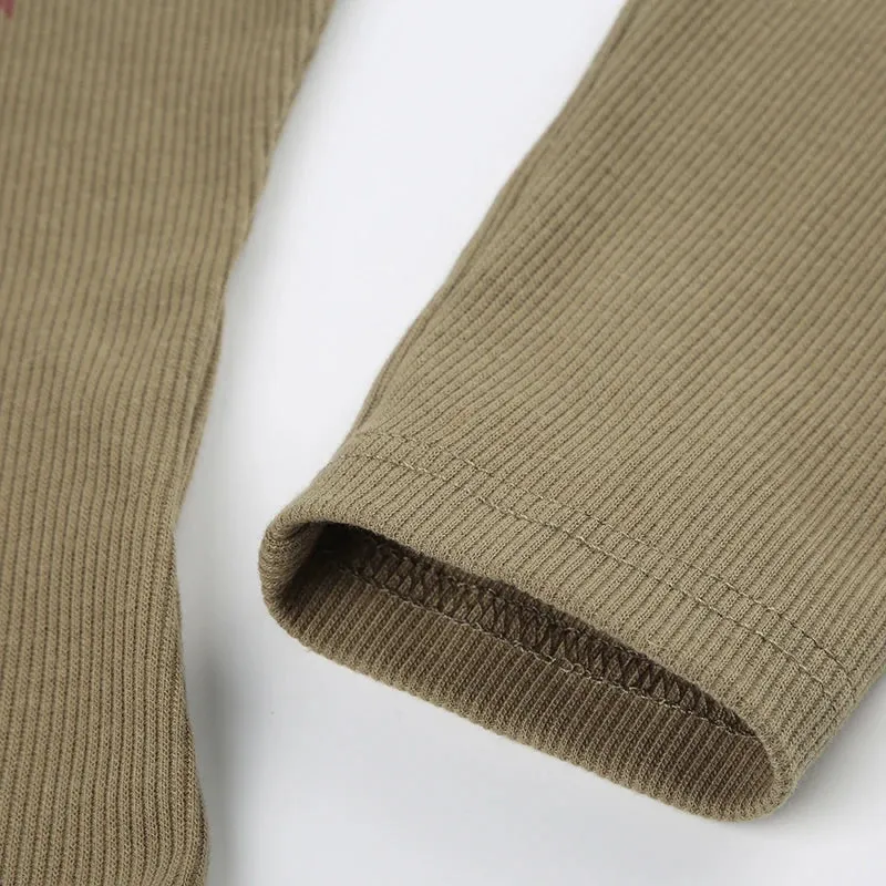Khaki Graphic Printed Long Sleeves Slim Top