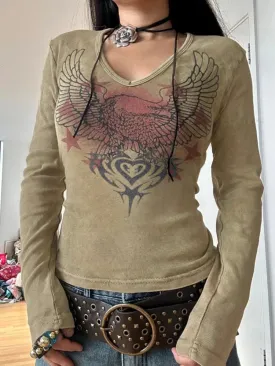 Khaki Graphic Printed Long Sleeves Slim Top