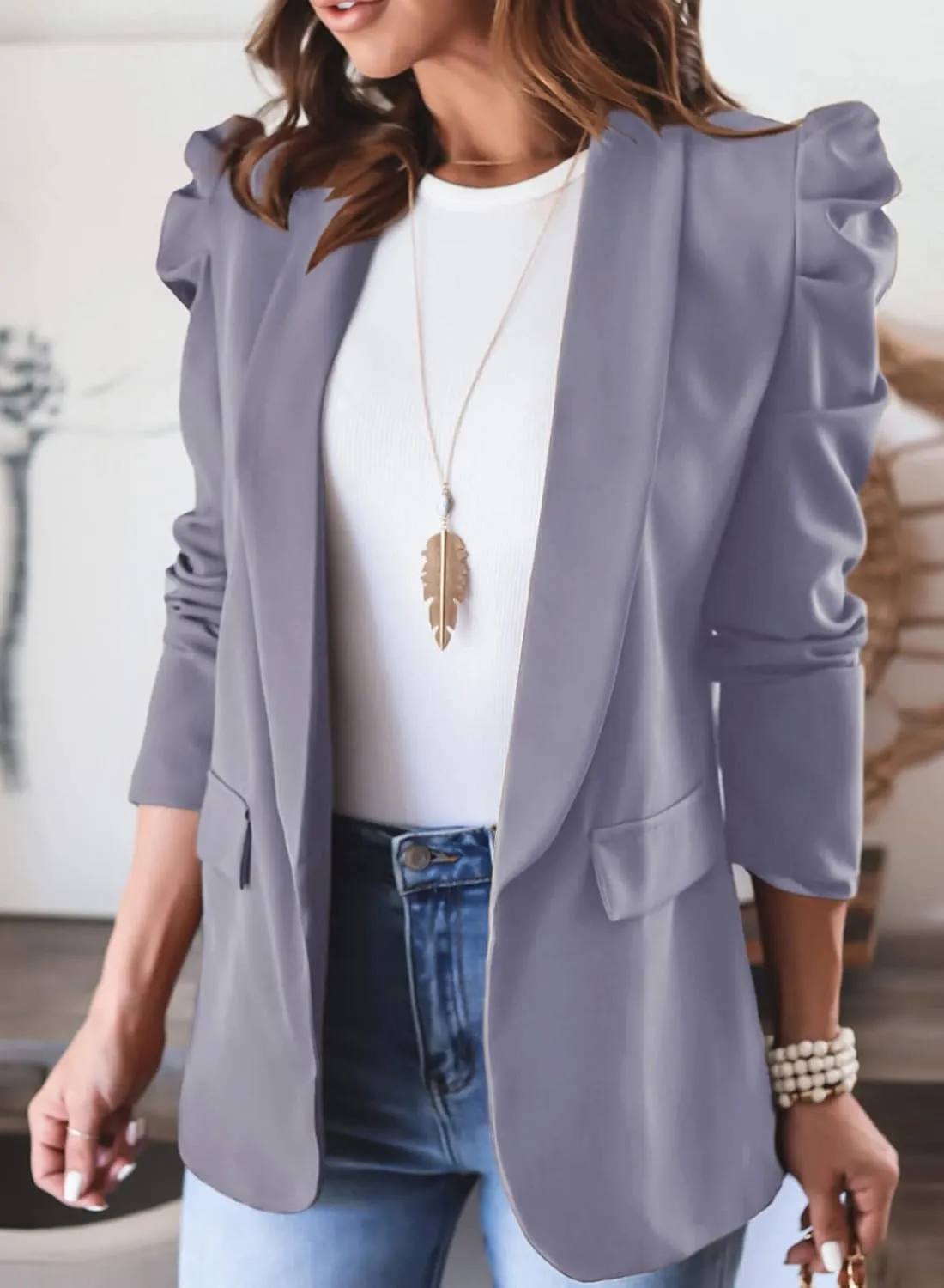 KIRUNDO Women's 2025 Spring Fall Casual Blazers Puff Sleeve Lapel Open Front Work Suit Office Blazer Jackets with Pockets