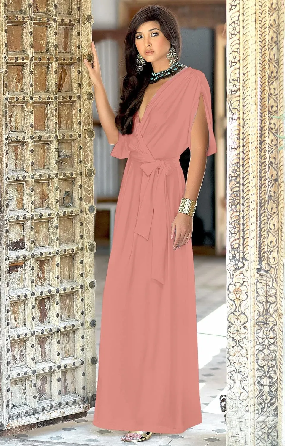 KOH KOH Womens Long Semi-Formal Short Sleeve V-Neck Floor Length Maxi Dress Gown