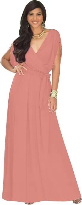 KOH KOH Womens Long Semi-Formal Short Sleeve V-Neck Floor Length Maxi Dress Gown