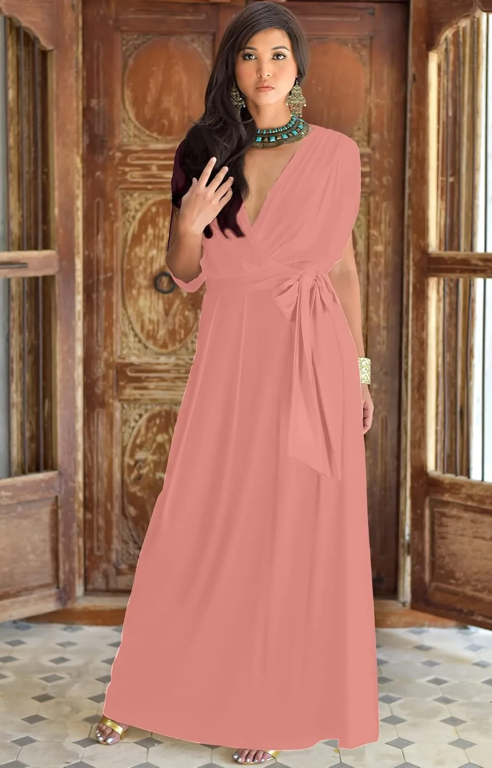 KOH KOH Womens Long Semi-Formal Short Sleeve V-Neck Floor Length Maxi Dress Gown