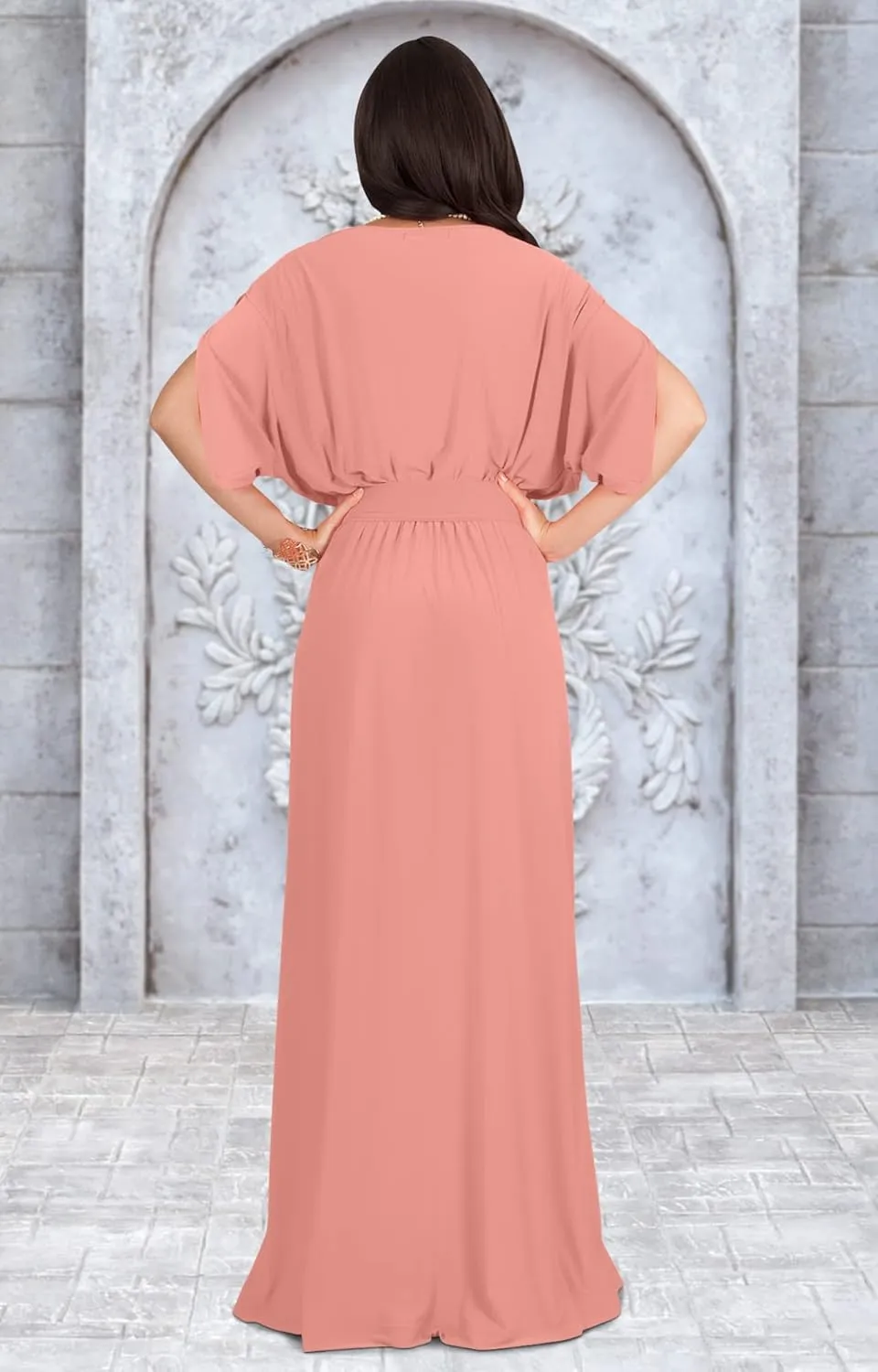 KOH KOH Womens Long Semi-Formal Short Sleeve V-Neck Floor Length Maxi Dress Gown