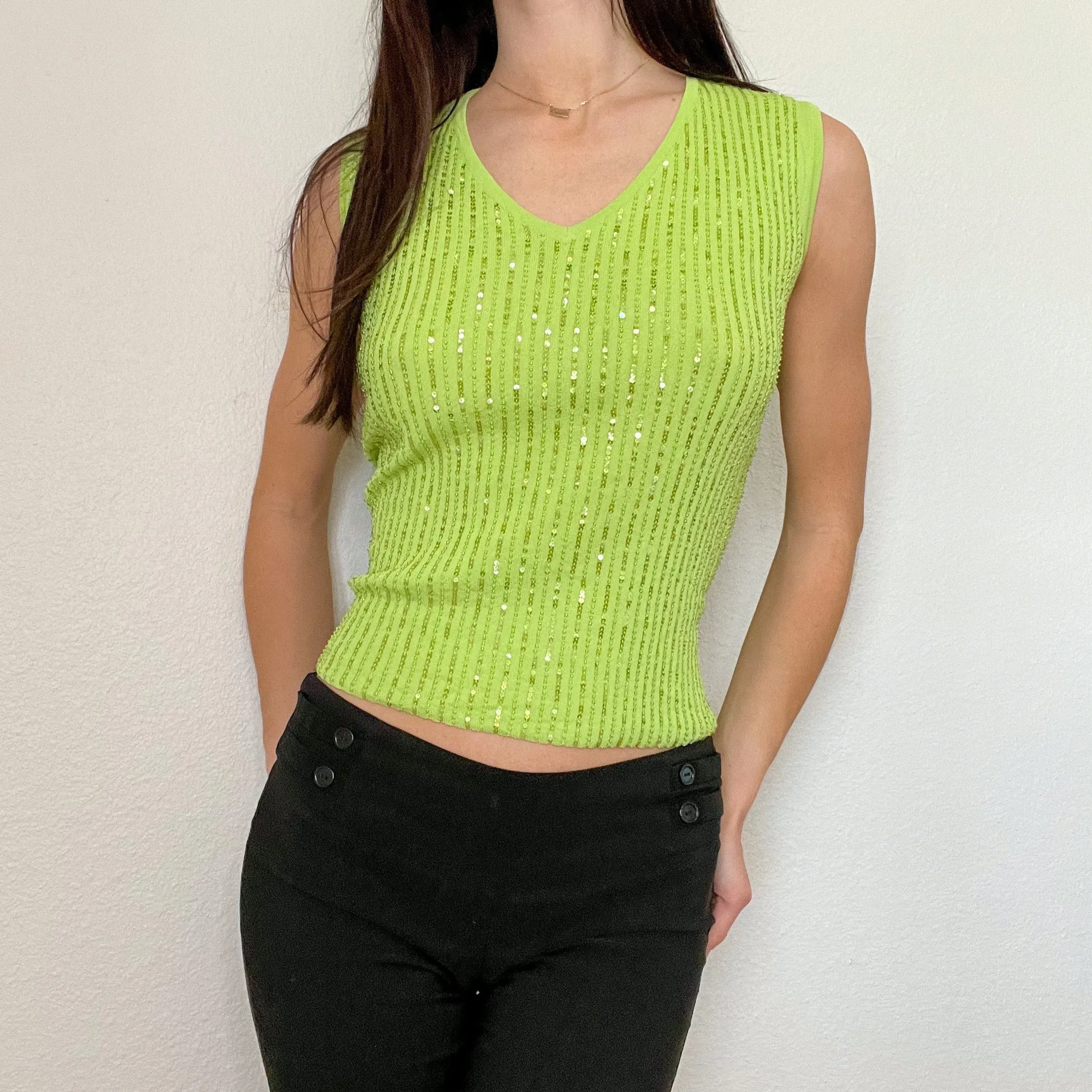 Lime Green Y2K Sequin Knit Tank