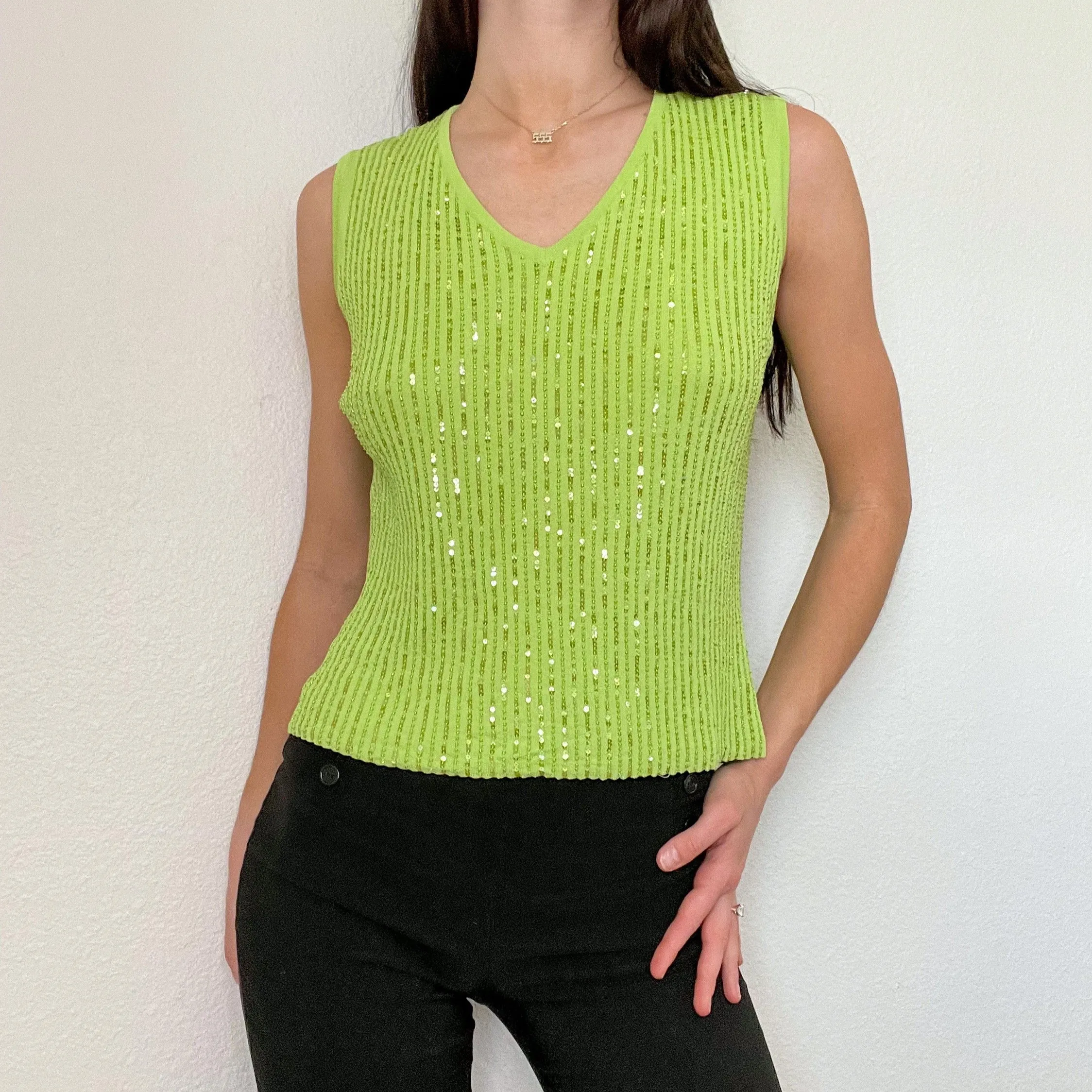 Lime Green Y2K Sequin Knit Tank