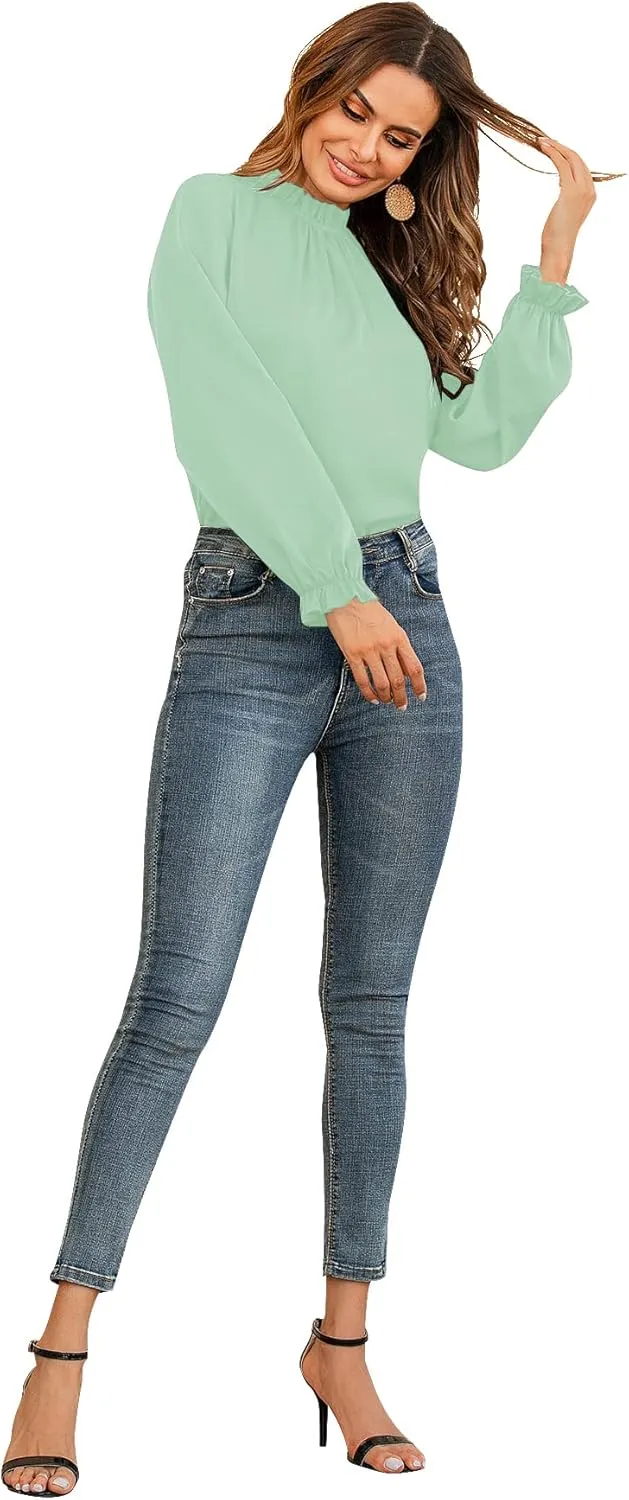 LYANER Women's Frill Mock Neck Flounce Long Sleeve Solid Blouse Office Shirt Top