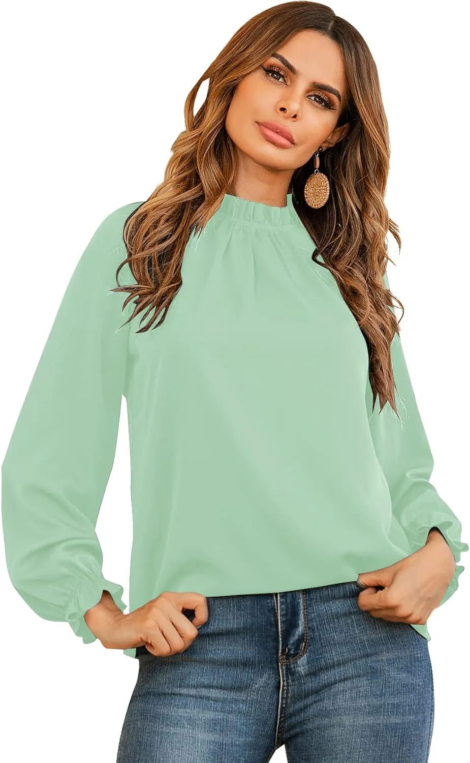 LYANER Women's Frill Mock Neck Flounce Long Sleeve Solid Blouse Office Shirt Top