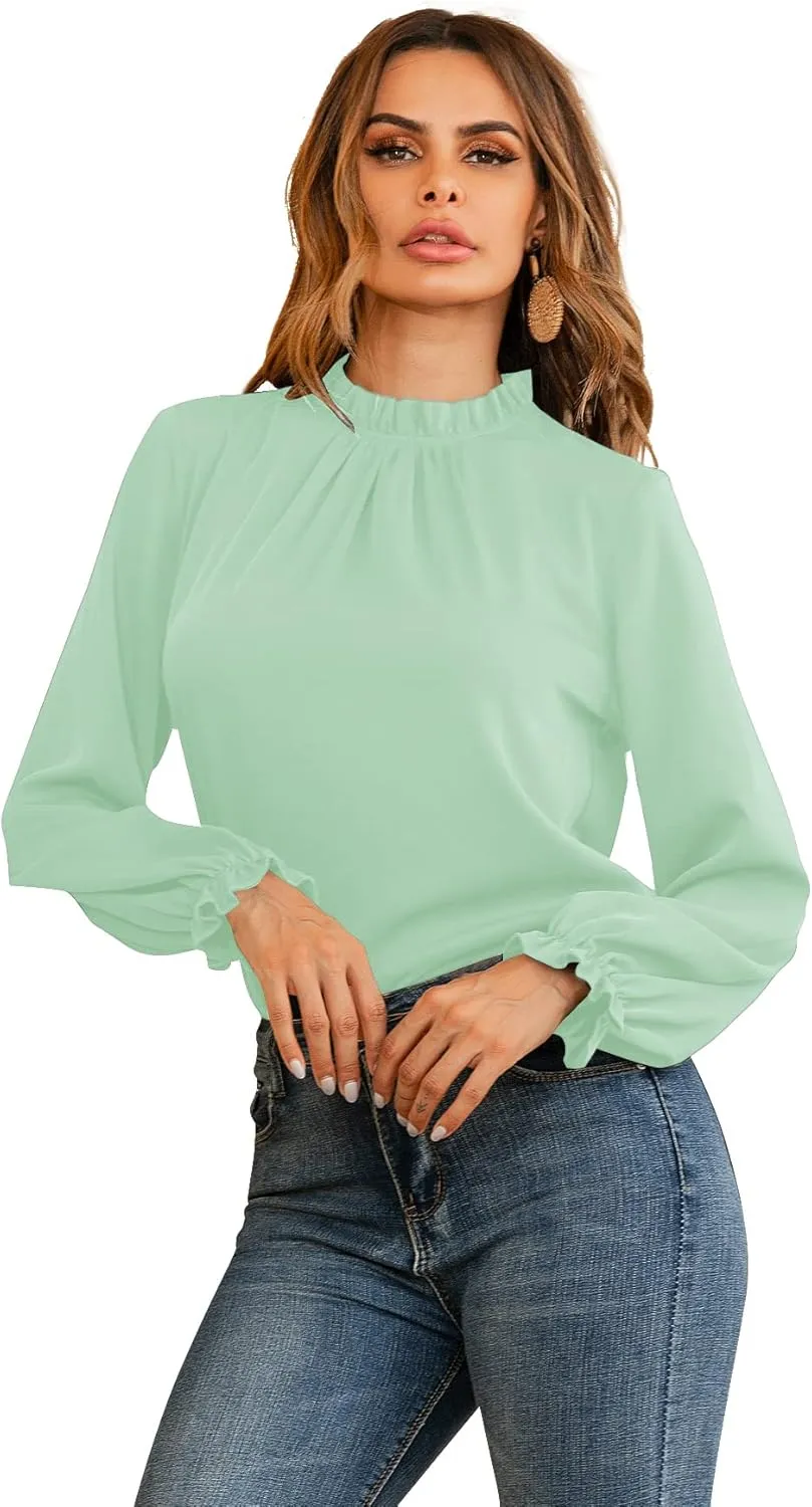 LYANER Women's Frill Mock Neck Flounce Long Sleeve Solid Blouse Office Shirt Top