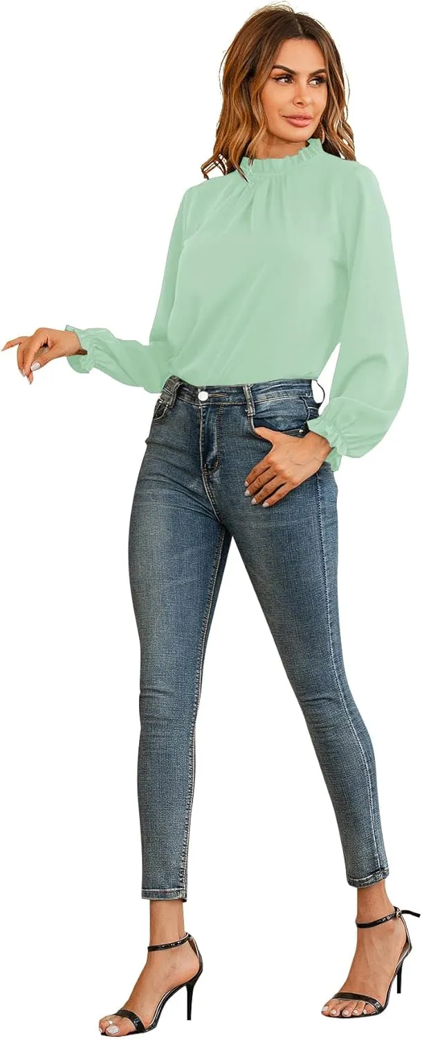 LYANER Women's Frill Mock Neck Flounce Long Sleeve Solid Blouse Office Shirt Top