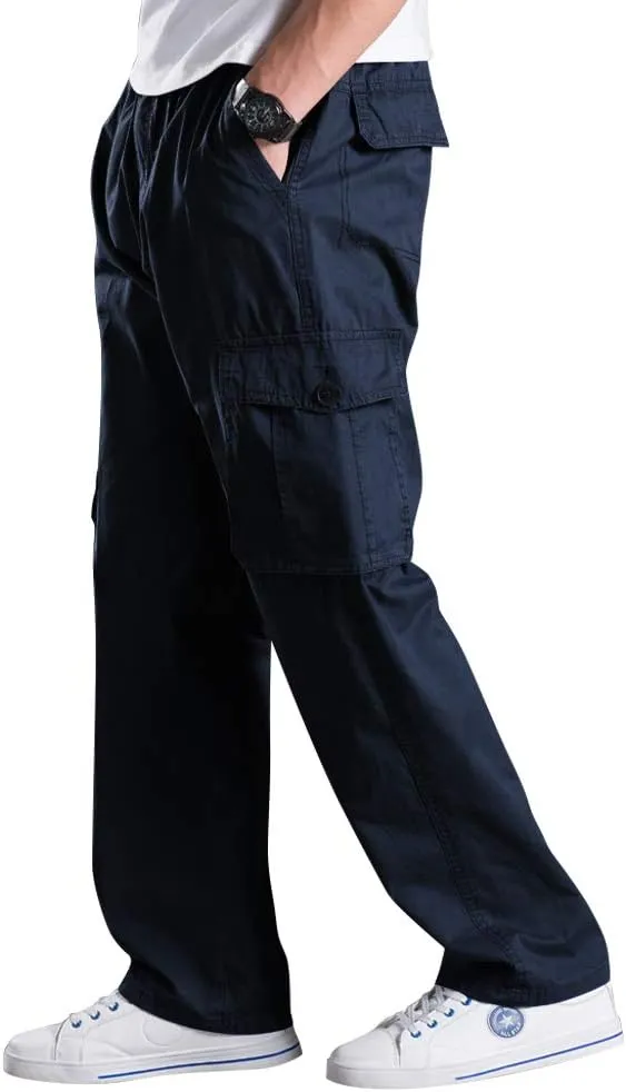 Men's Elastic Waist Cargo Pants,Casual Loose Fit Lightweight Workwear Pull On Pants