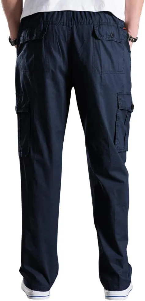 Men's Elastic Waist Cargo Pants,Casual Loose Fit Lightweight Workwear Pull On Pants