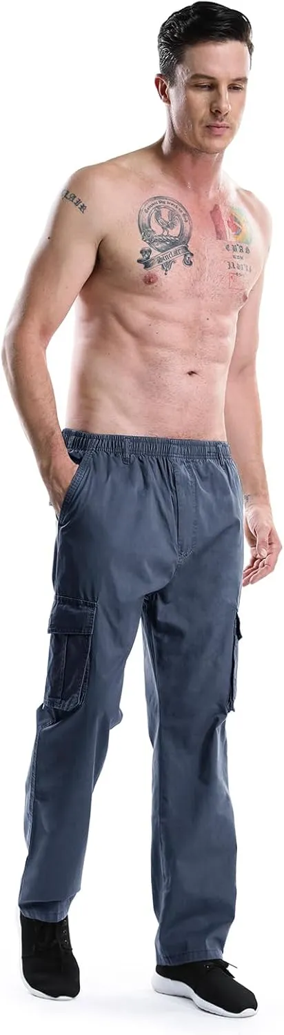 Men's Elastic Waist Cargo Pants,Casual Loose Fit Lightweight Workwear Pull On Pants