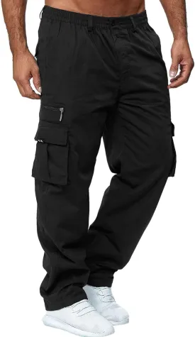 Mens Loose Cargo Pants Sports Hat Multi Woven Pocket Foot Rope Solid Pants Street Cargo Baggy Camo Tactical Trousers