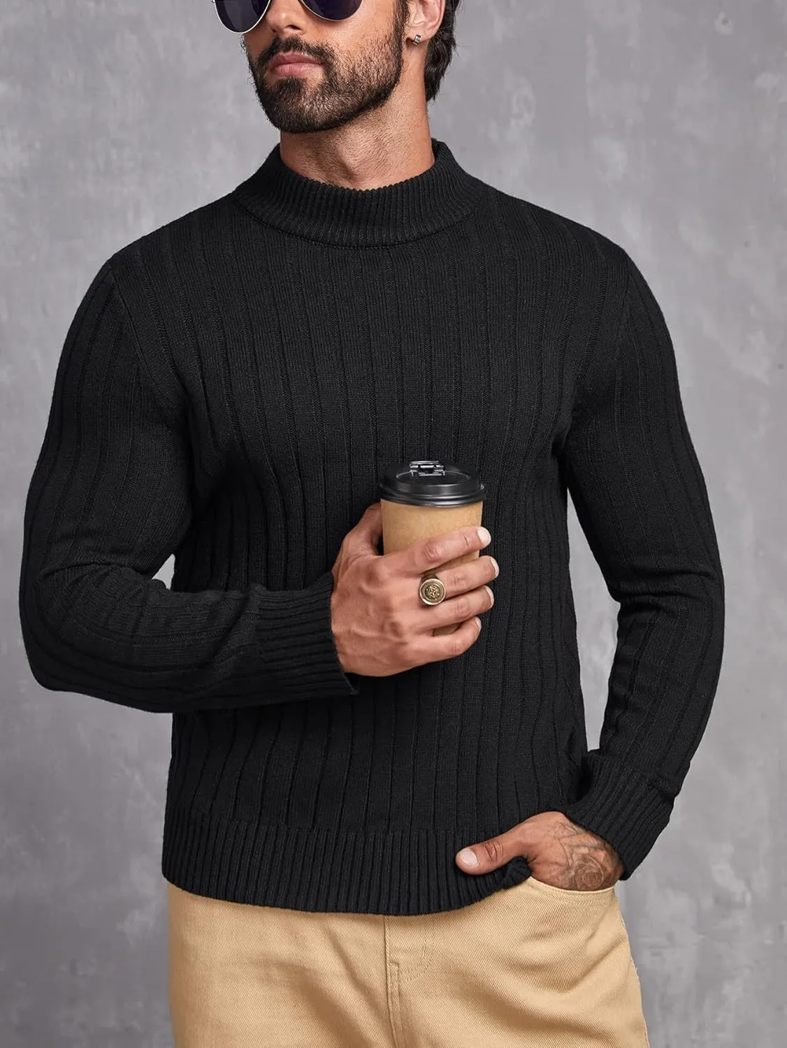 Men's Mock Neck Ribbed Knit Sweater Long Sleeve Slim Fit Casual Pullover Top