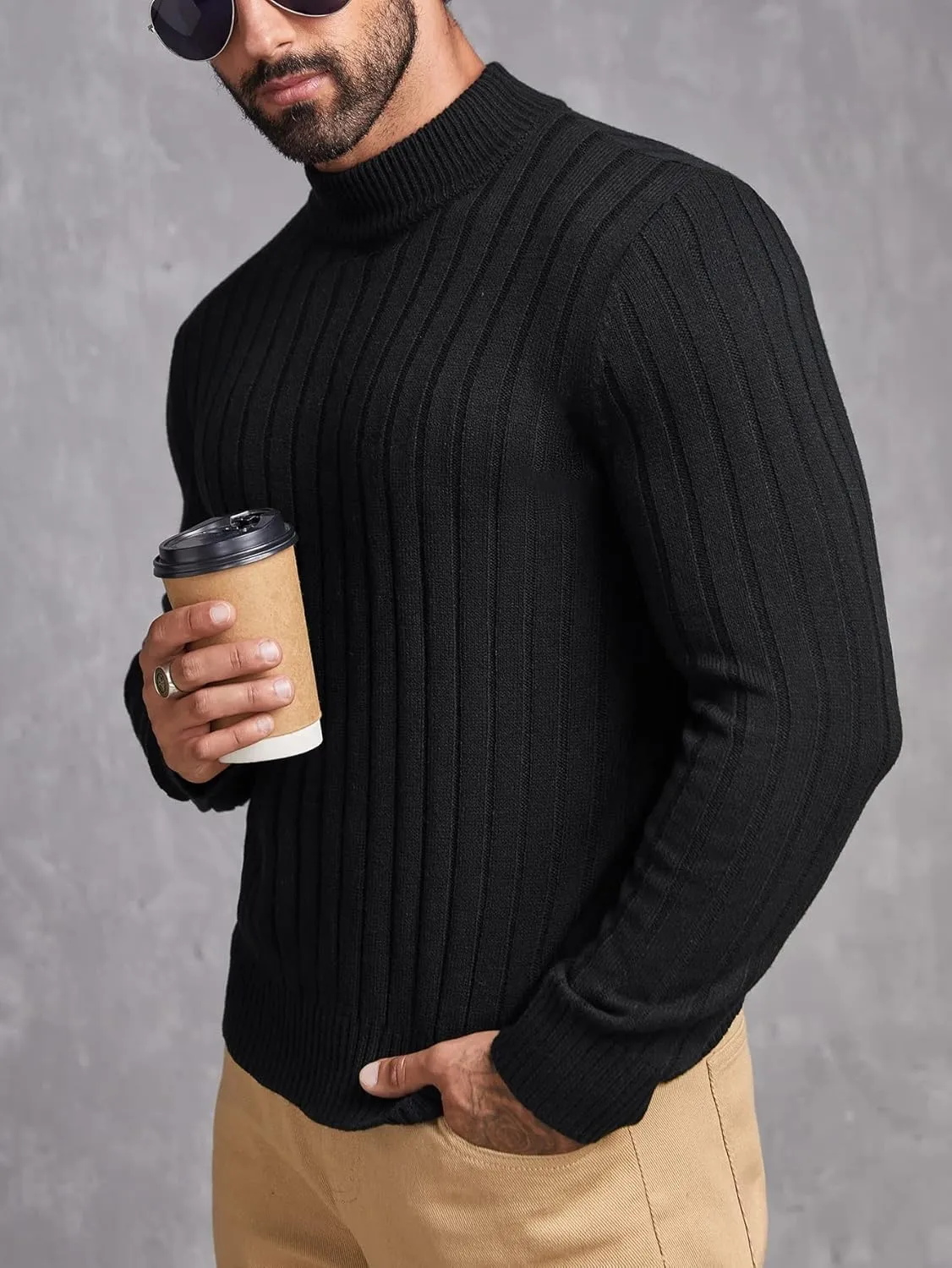 Men's Mock Neck Ribbed Knit Sweater Long Sleeve Slim Fit Casual Pullover Top