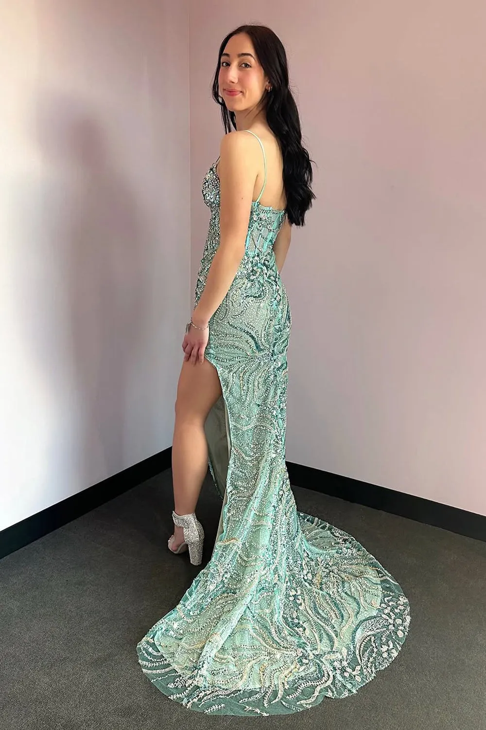Mermaid V Neck Mint Sequin Lace Long Prom Dresses