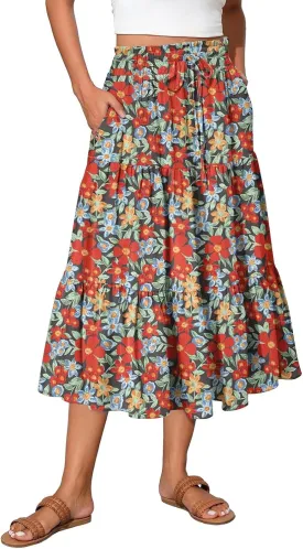 Midi Skirt for Women Summer Layered Tiered High Waisted Knee Length Skirt A Line Swing Floral Print Skirts with Pockets