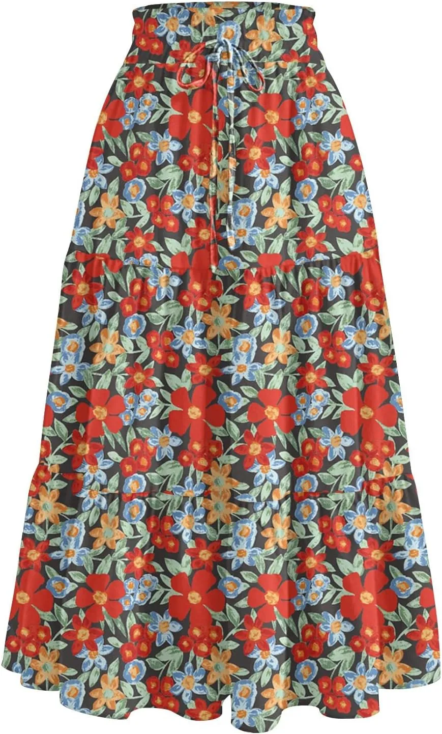 Midi Skirt for Women Summer Layered Tiered High Waisted Knee Length Skirt A Line Swing Floral Print Skirts with Pockets