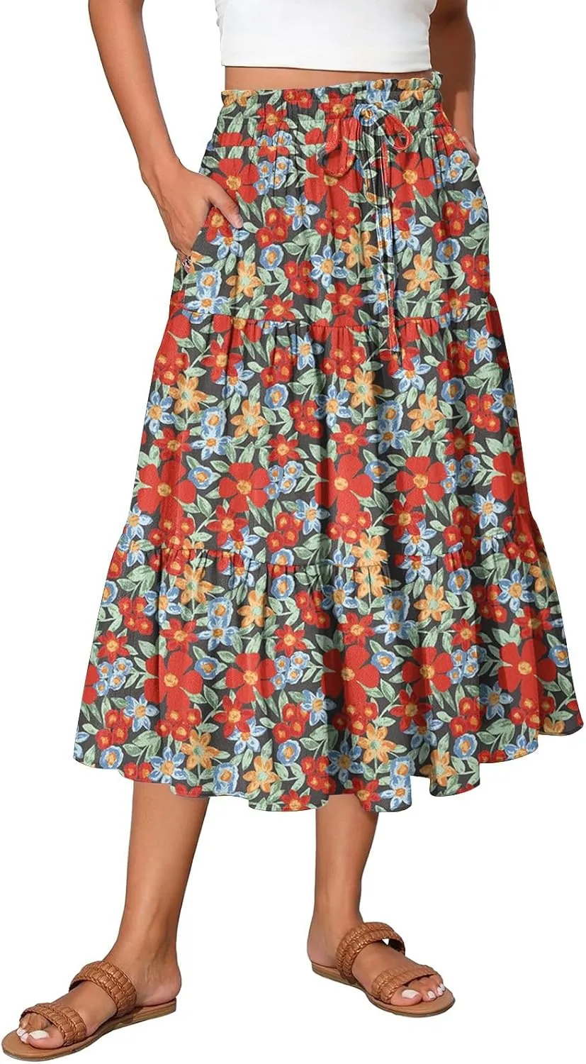 Midi Skirt for Women Summer Layered Tiered High Waisted Knee Length Skirt A Line Swing Floral Print Skirts with Pockets