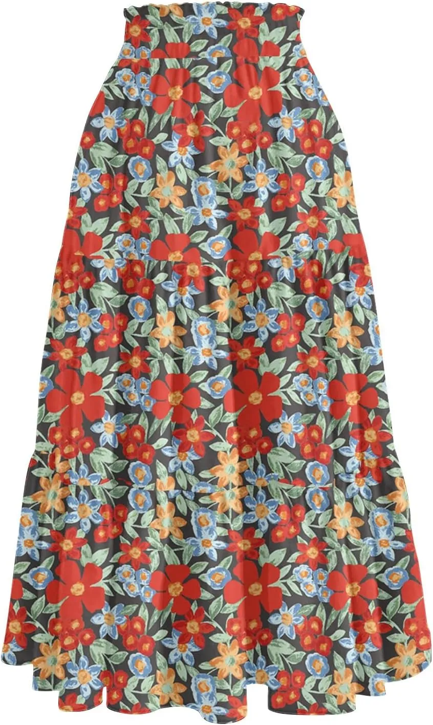 Midi Skirt for Women Summer Layered Tiered High Waisted Knee Length Skirt A Line Swing Floral Print Skirts with Pockets