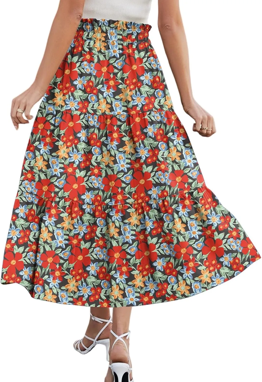 Midi Skirt for Women Summer Layered Tiered High Waisted Knee Length Skirt A Line Swing Floral Print Skirts with Pockets