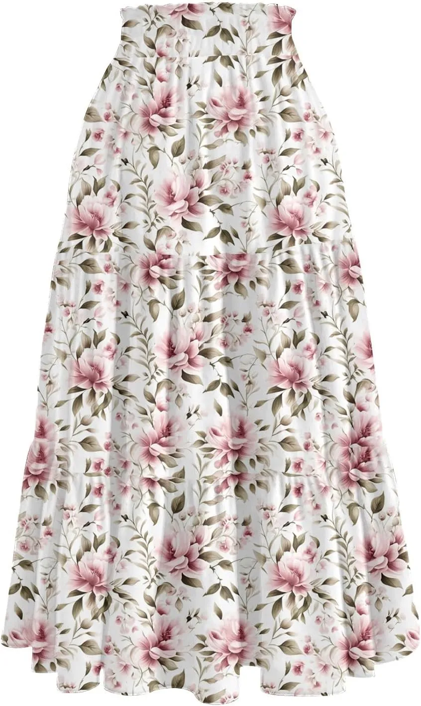 Midi Summer Skirts for Women Drawstring High Waist Knee Length Skirts A Line Floral Print Work Skirt with Pockets
