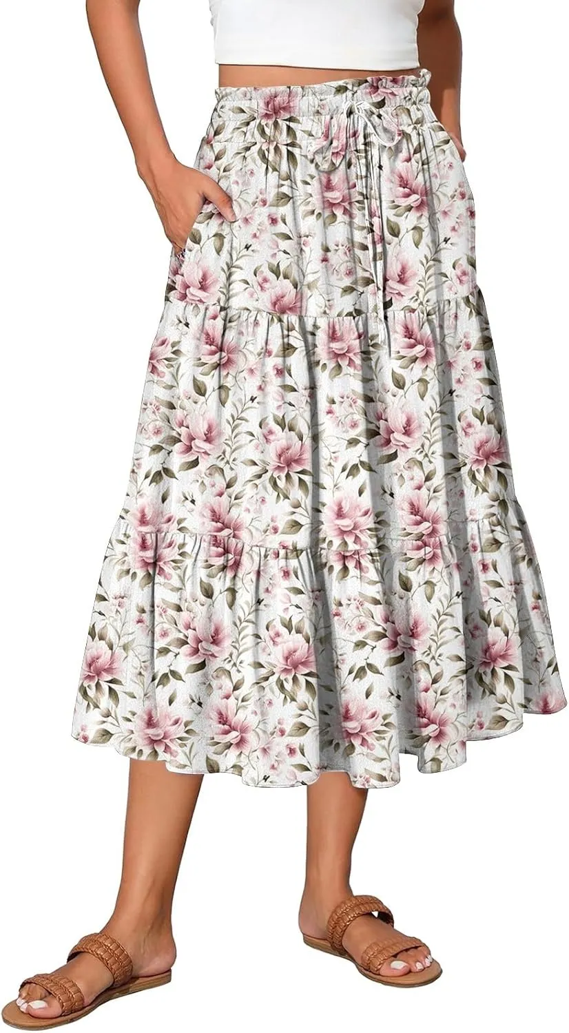 Midi Summer Skirts for Women Drawstring High Waist Knee Length Skirts A Line Floral Print Work Skirt with Pockets