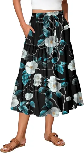 Midi Summer Skirts for Women Drawstring High Waist Knee Length Skirts A Line Floral Print Work Skirt with Pockets