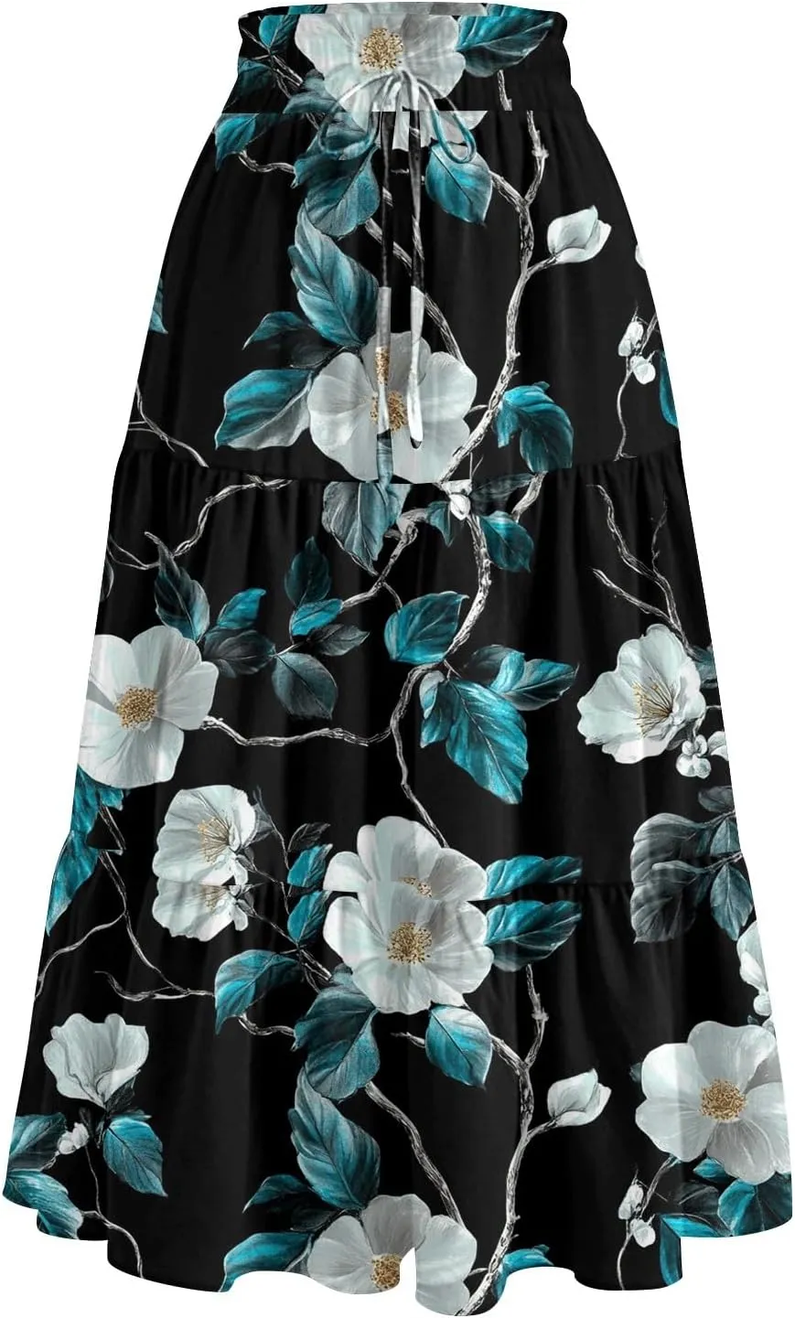 Midi Summer Skirts for Women Drawstring High Waist Knee Length Skirts A Line Floral Print Work Skirt with Pockets