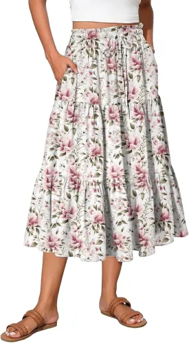 Midi Summer Skirts for Women Drawstring High Waist Knee Length Skirts A Line Floral Print Work Skirt with Pockets
