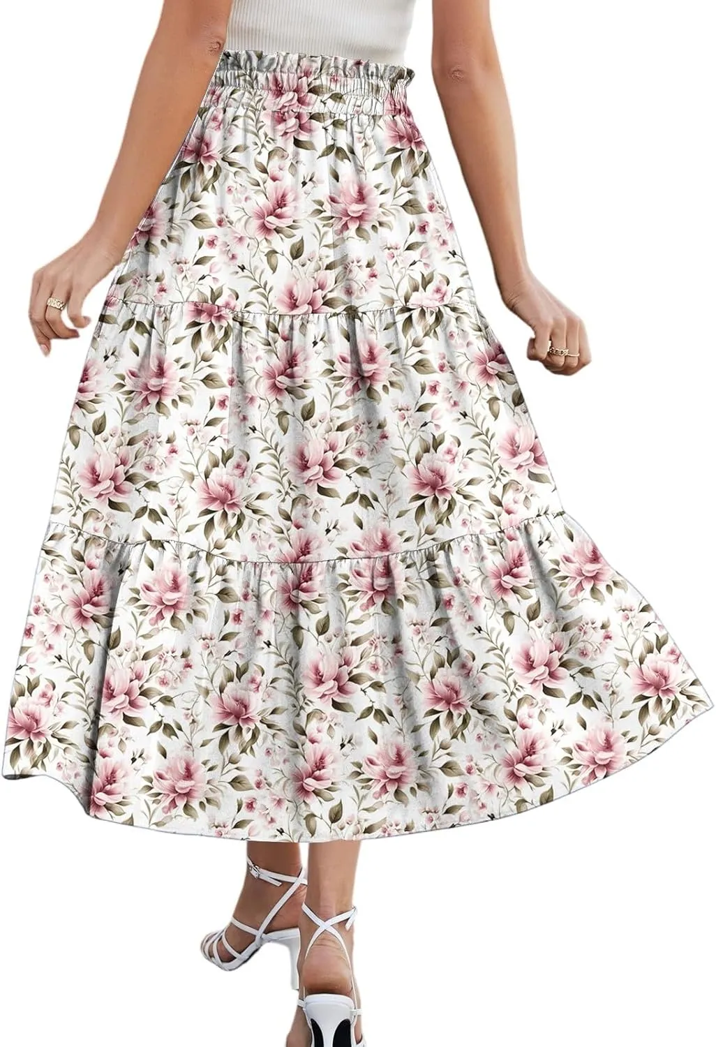Midi Summer Skirts for Women Drawstring High Waist Knee Length Skirts A Line Floral Print Work Skirt with Pockets