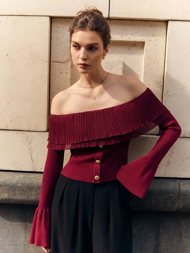 Off-Shoulder Knitted Flare Sleeve Top
