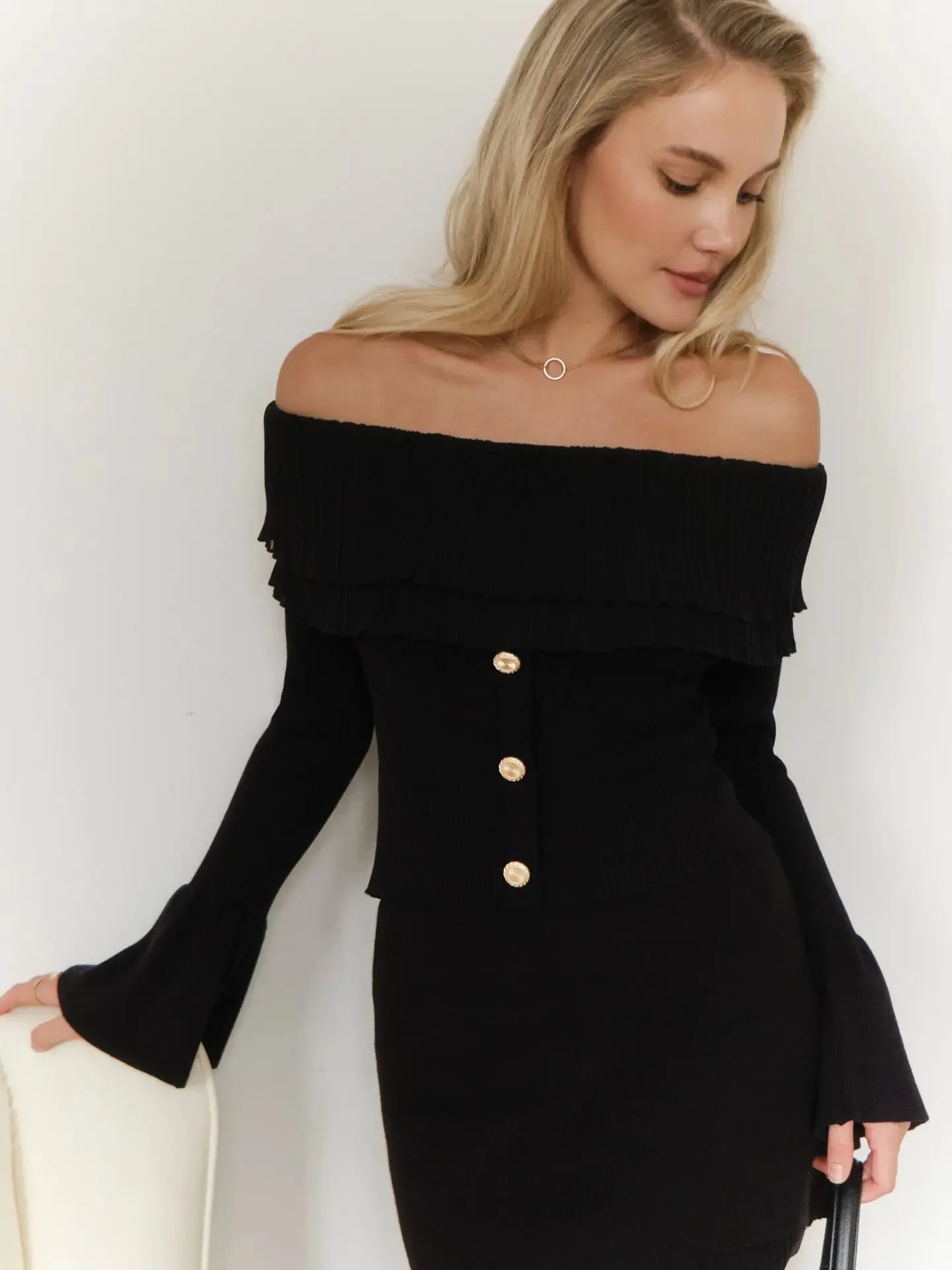 Off-Shoulder Knitted Flare Sleeve Top