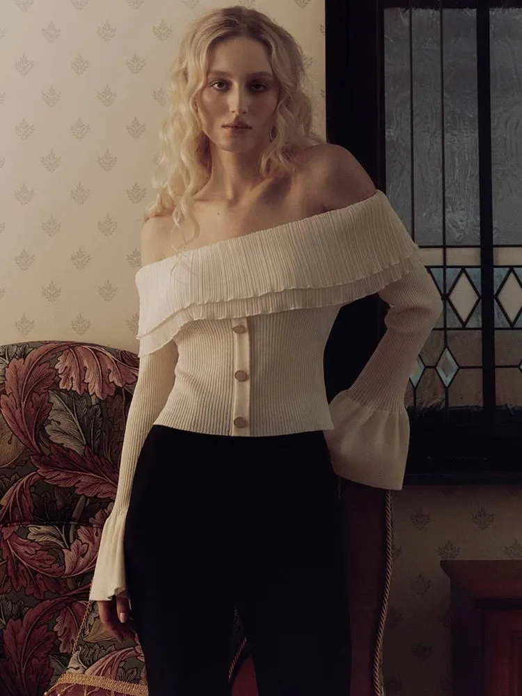 Off-Shoulder Knitted Flare Sleeve Top