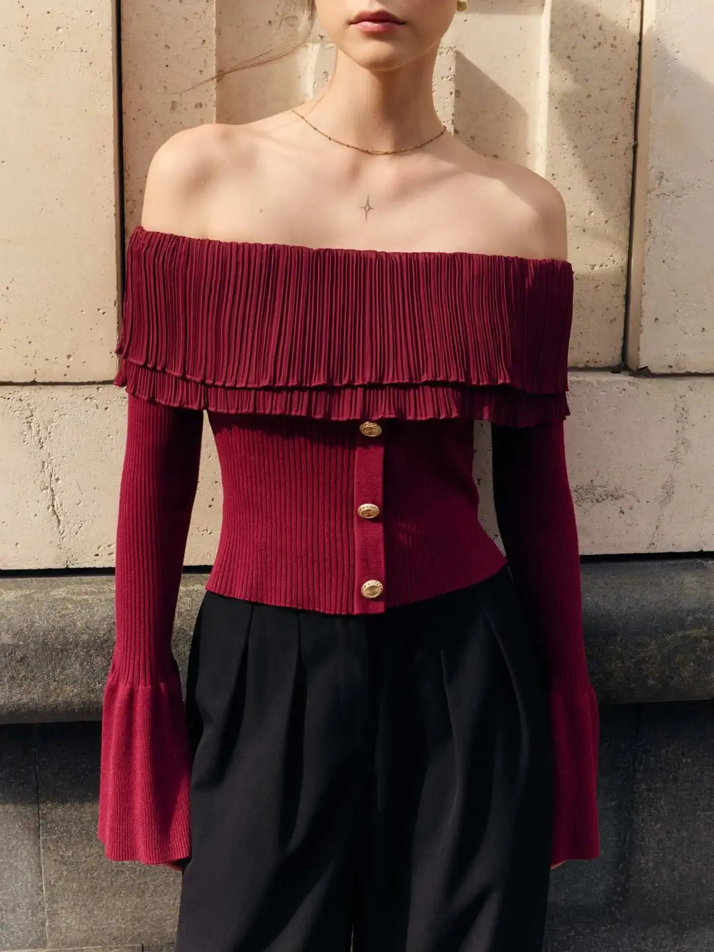 Off-Shoulder Knitted Flare Sleeve Top