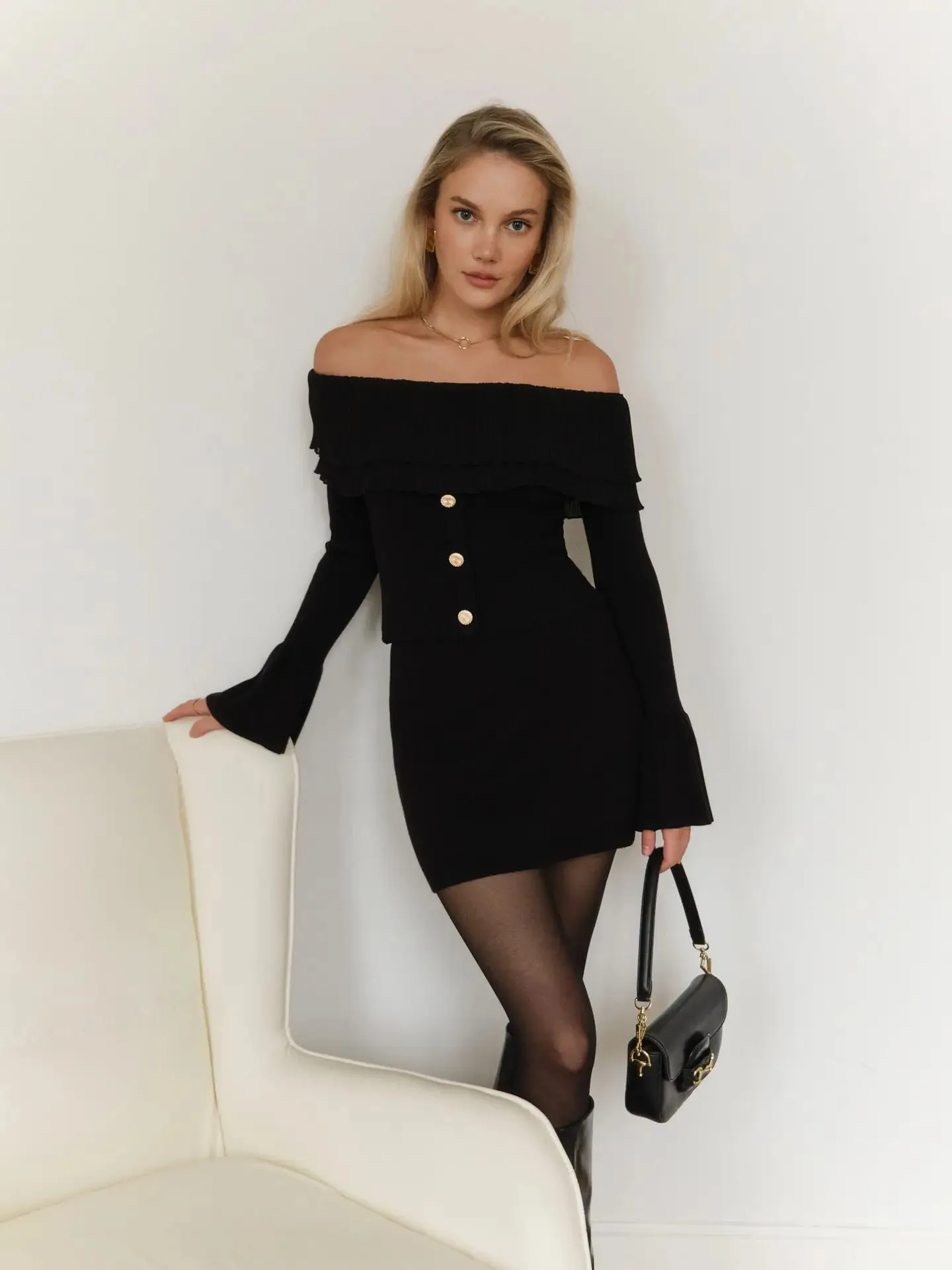 Off-Shoulder Knitted Flare Sleeve Top