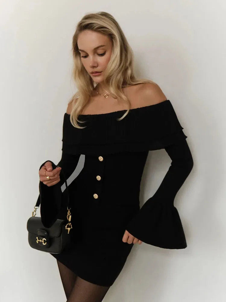 Off-Shoulder Knitted Flare Sleeve Top