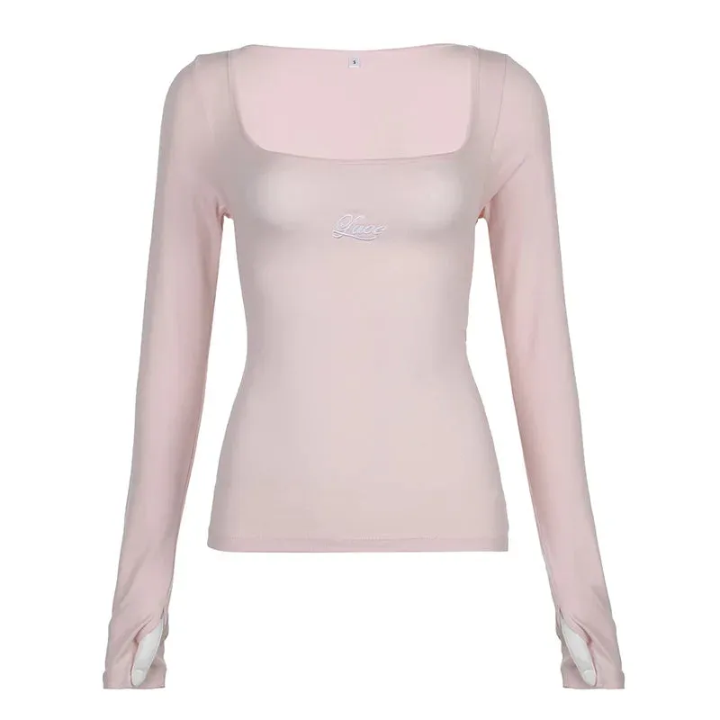 Pink Lace Up Bandage Long Sleeve Top