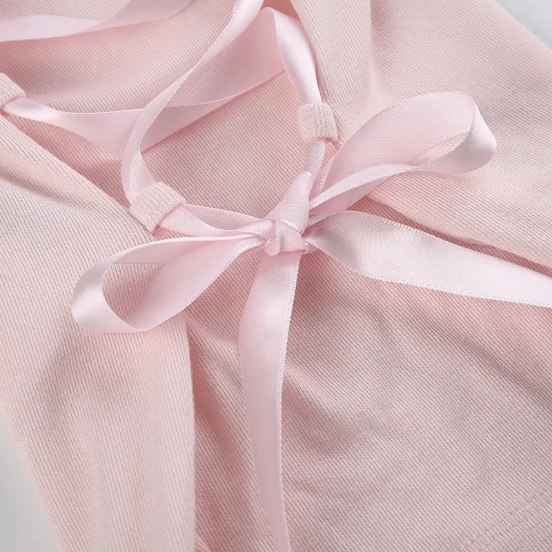 Pink Lace Up Bandage Long Sleeve Top