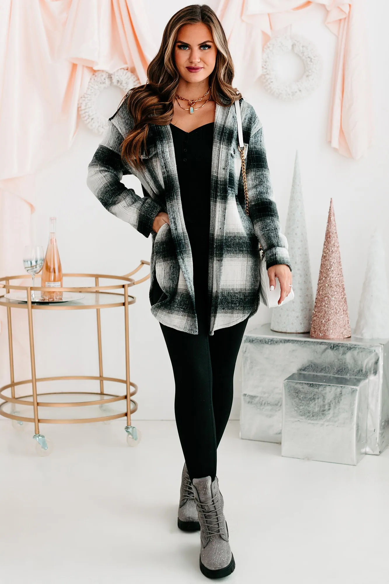 Plaid You're Mine Hooded Plaid Shacket (Black/White)