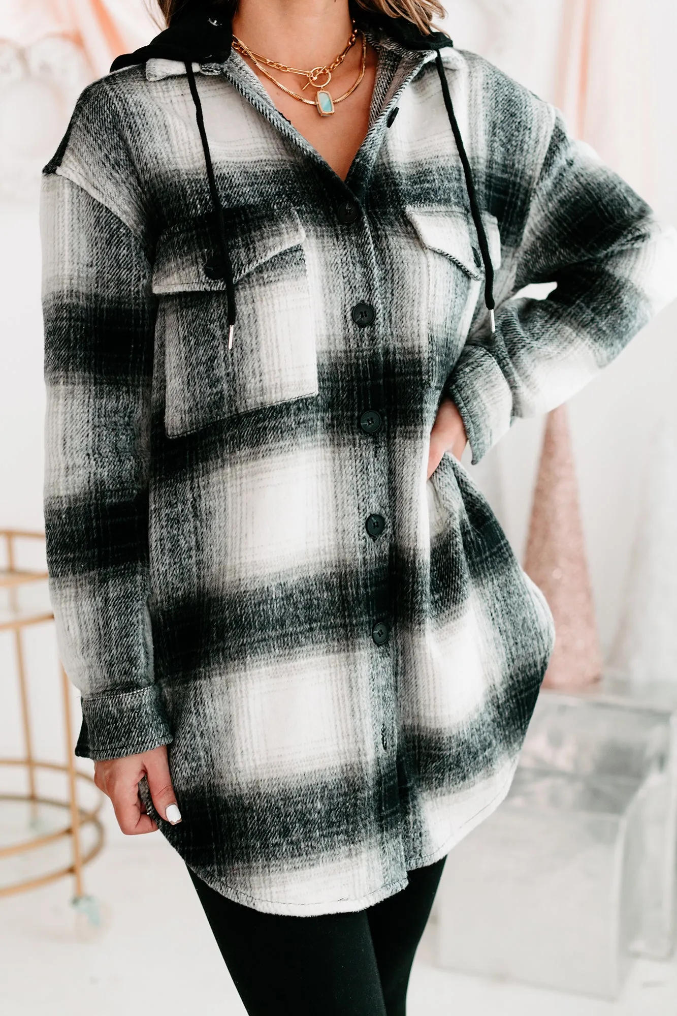 Plaid You're Mine Hooded Plaid Shacket (Black/White)