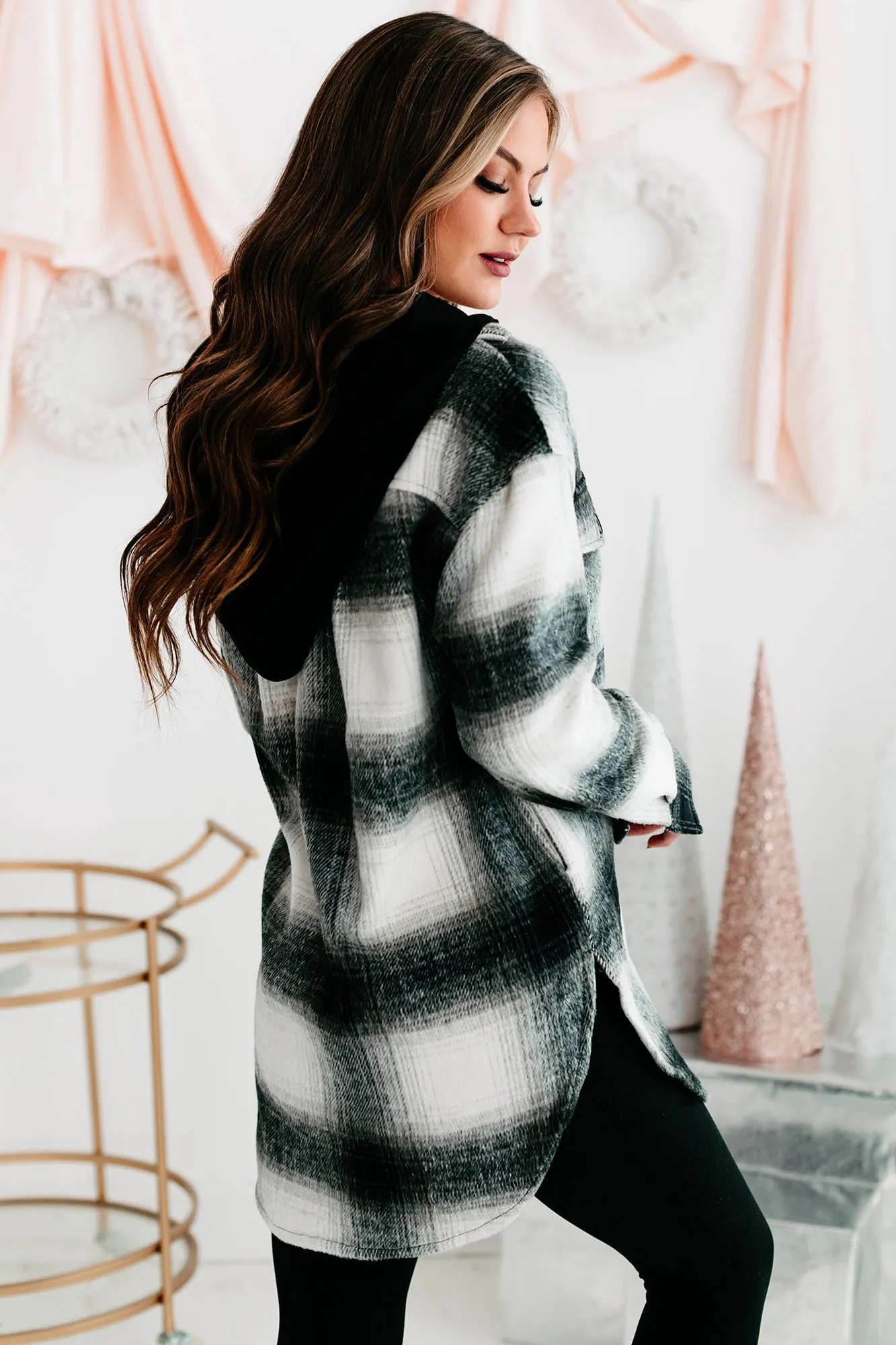 Plaid You're Mine Hooded Plaid Shacket (Black/White)