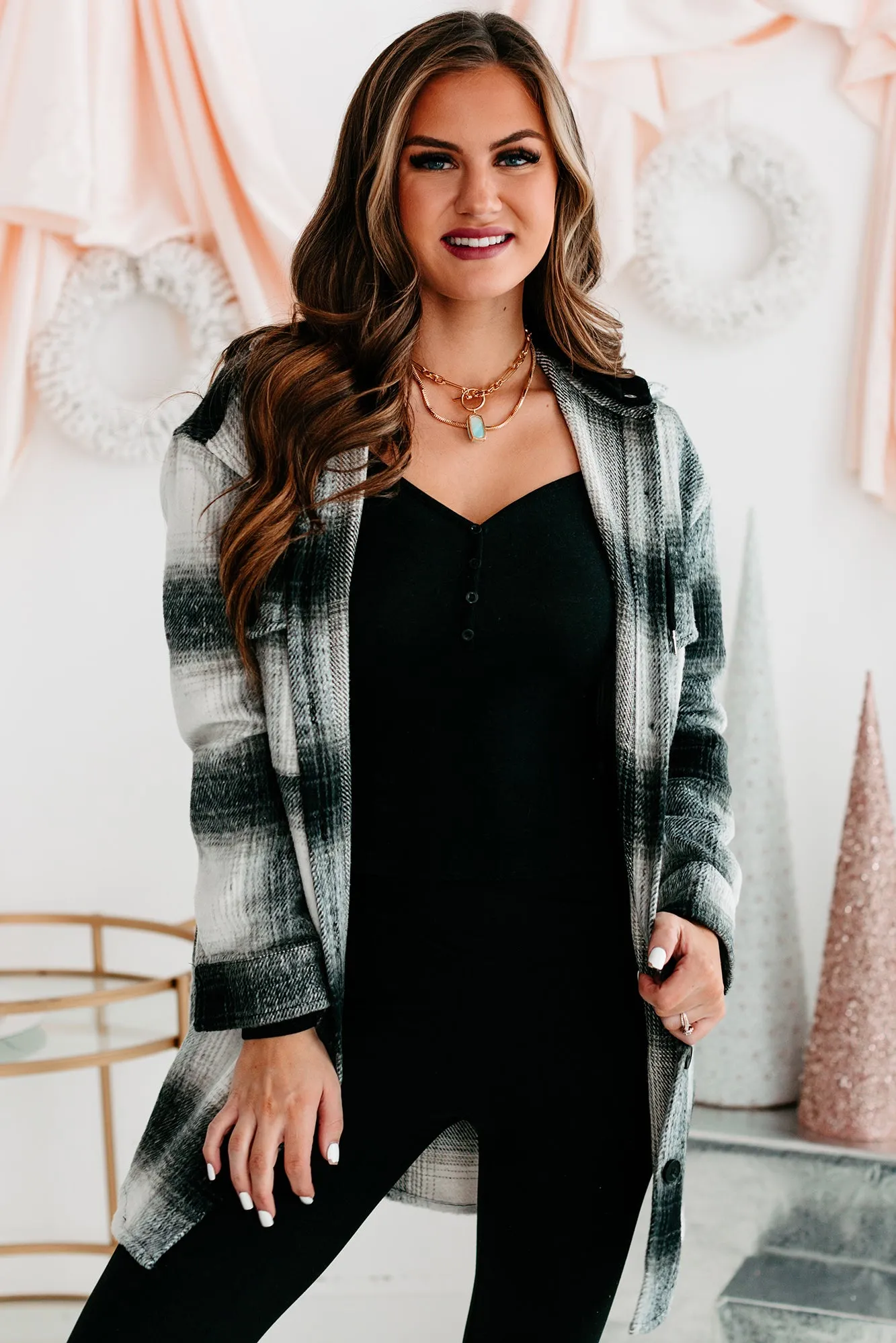 Plaid You're Mine Hooded Plaid Shacket (Black/White)