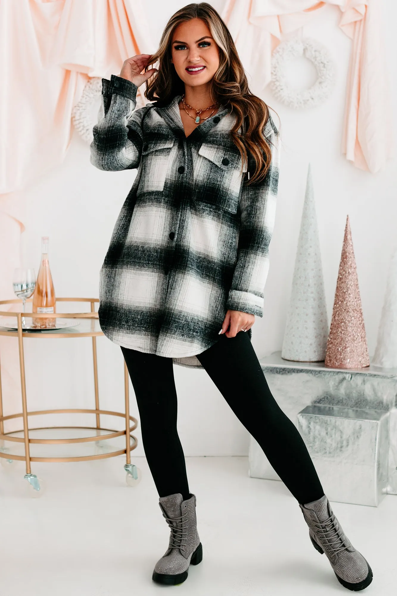 Plaid You're Mine Hooded Plaid Shacket (Black/White)
