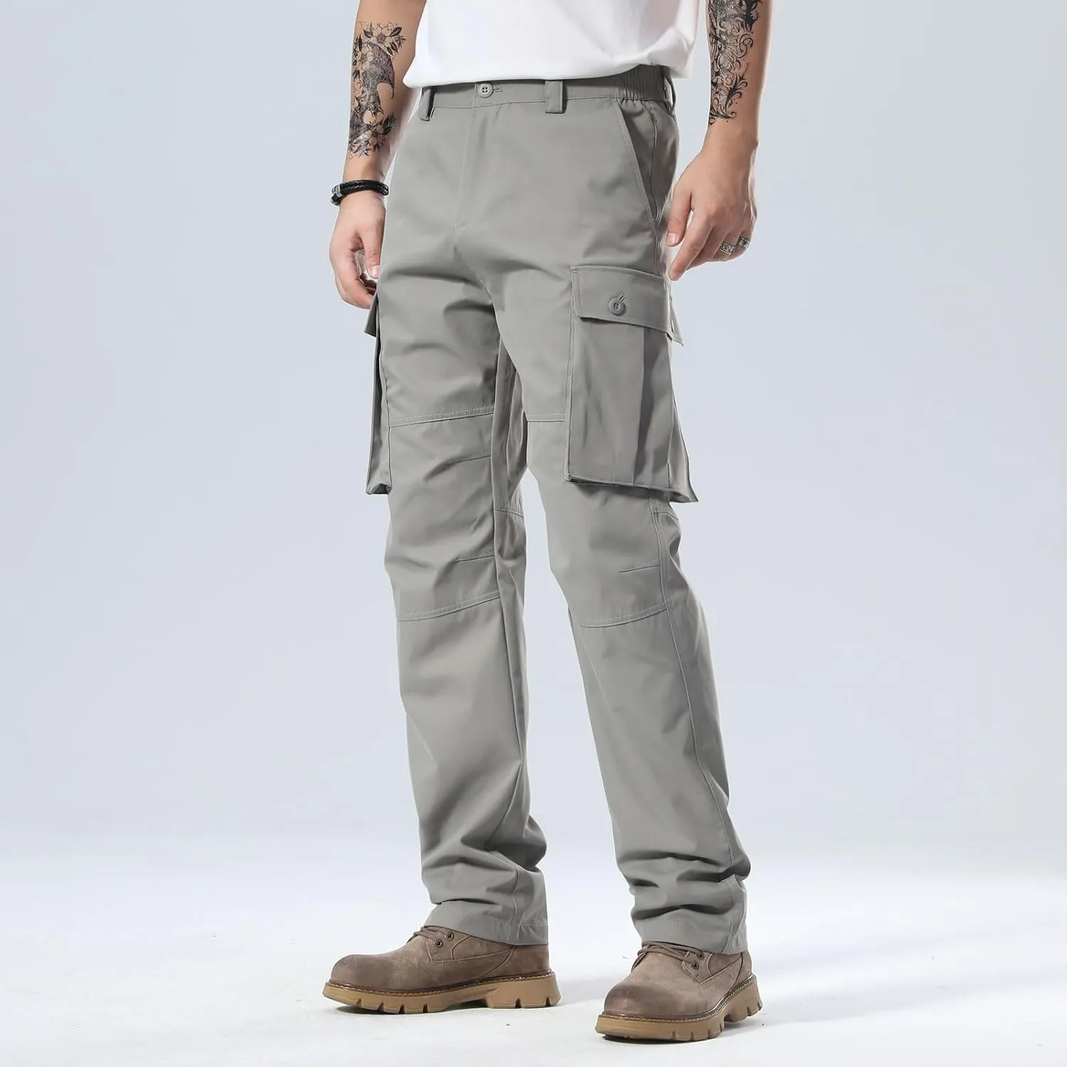Plaid&Plain Men's Cargo Pants Loose Straight Fit with Multi-Pocket and Oversized Belt Loops