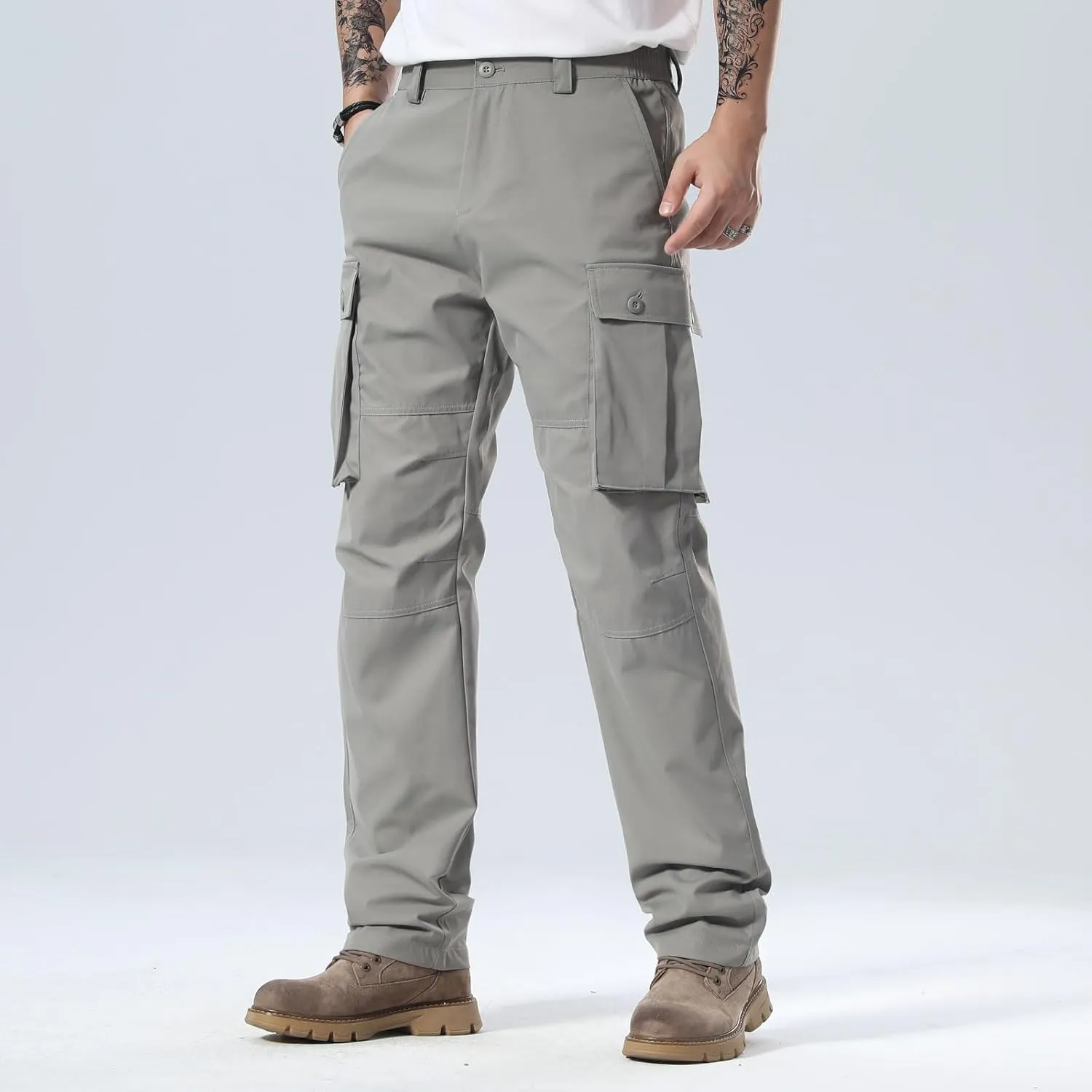 Plaid&Plain Men's Cargo Pants Loose Straight Fit with Multi-Pocket and Oversized Belt Loops