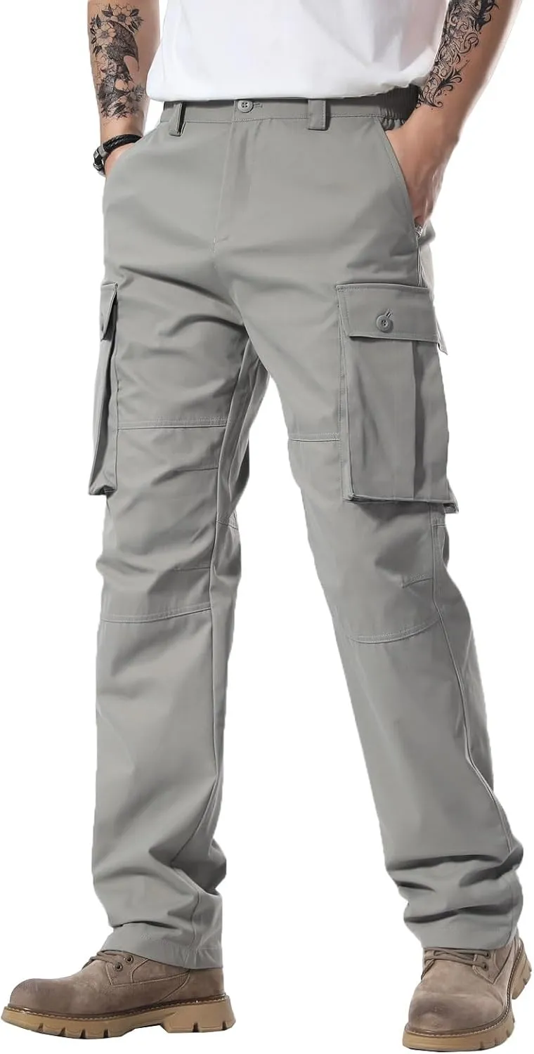 Plaid&Plain Men's Cargo Pants Loose Straight Fit with Multi-Pocket and Oversized Belt Loops