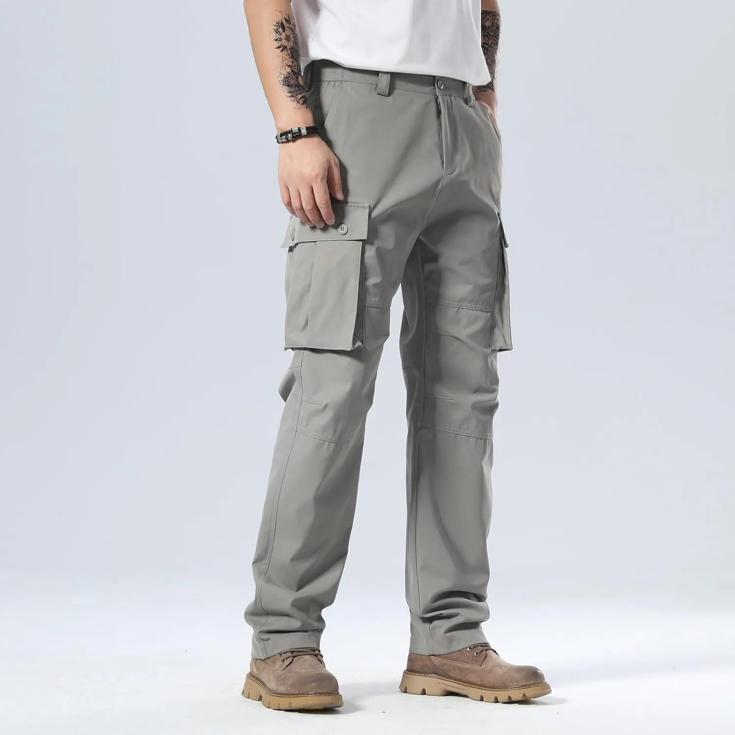 Plaid&Plain Men's Cargo Pants Loose Straight Fit with Multi-Pocket and Oversized Belt Loops