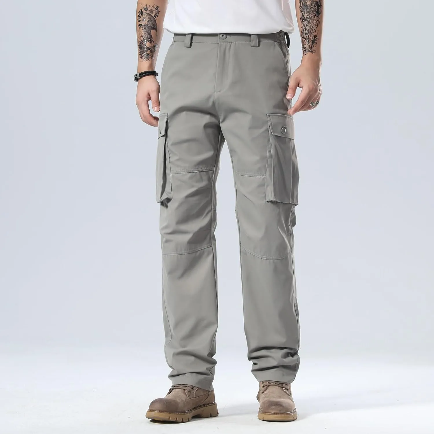 Plaid&Plain Men's Cargo Pants Loose Straight Fit with Multi-Pocket and Oversized Belt Loops