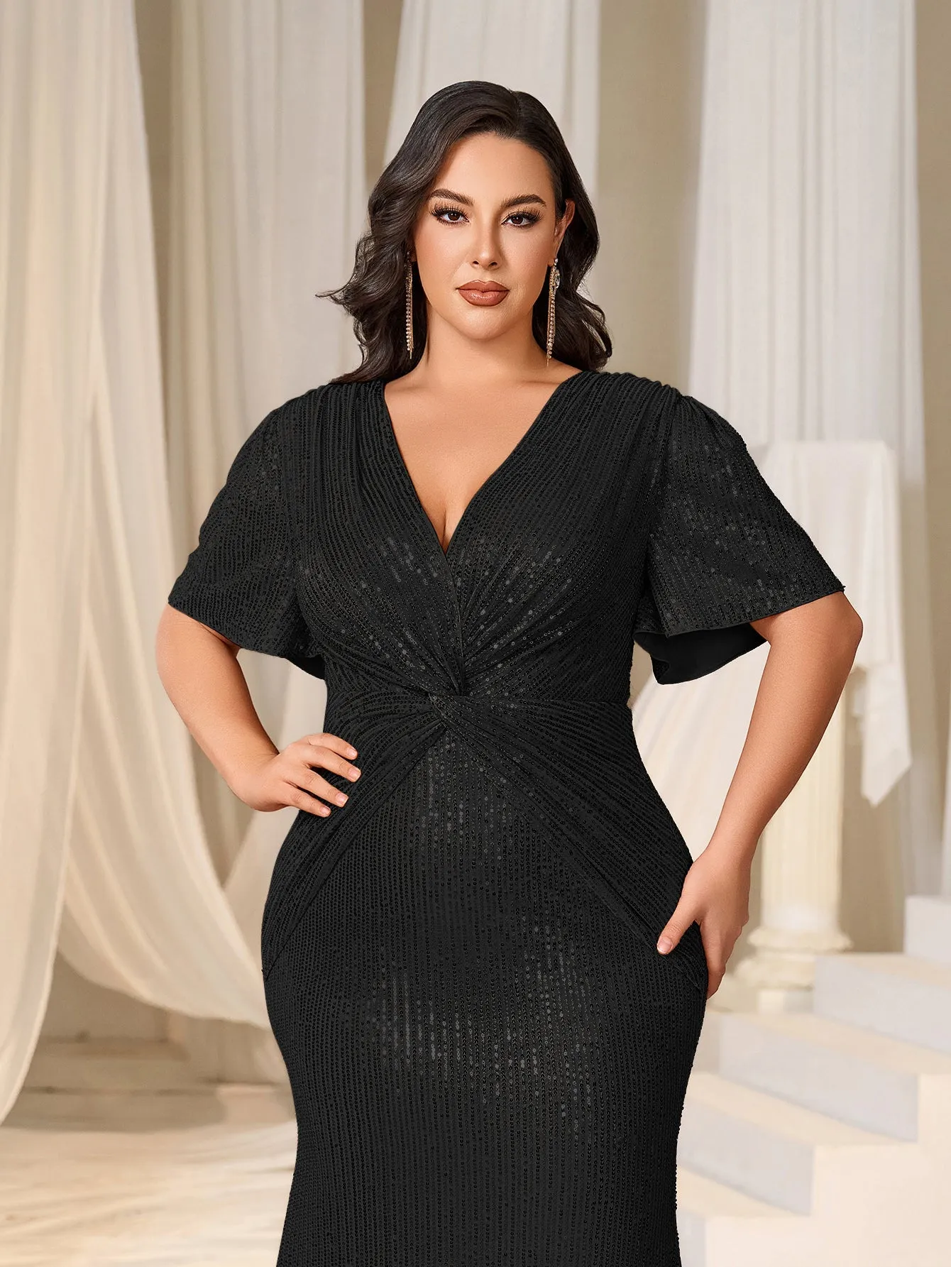 Plus Plunging Neck Twist Front Sequin Mermaid Party Dress